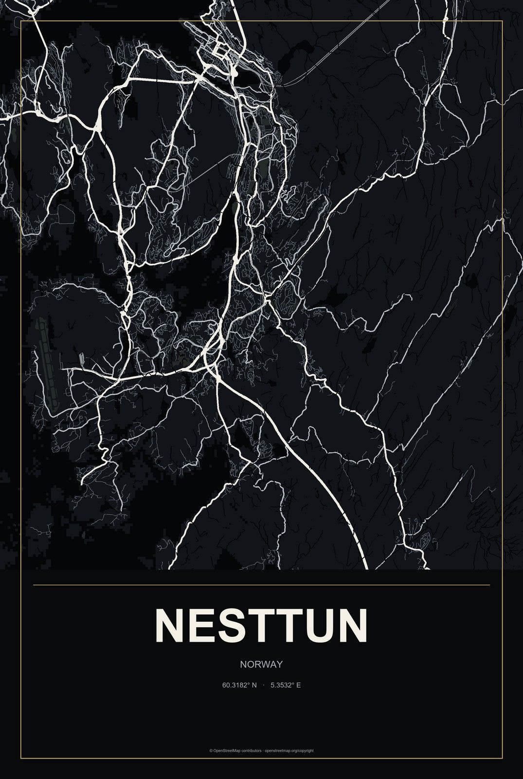Nesttun, Norway City Map Aluminum Sign in Metropolitan Noir style