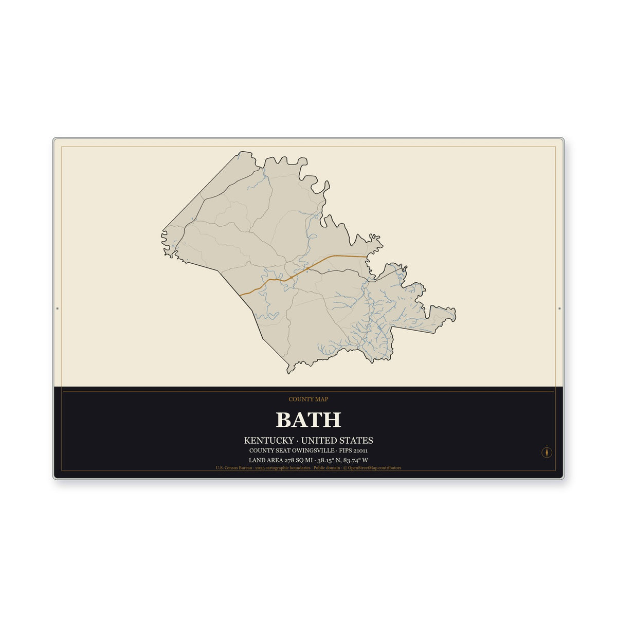 Bath County, Kentucky Map Aluminum Sign in Museum Plaque style