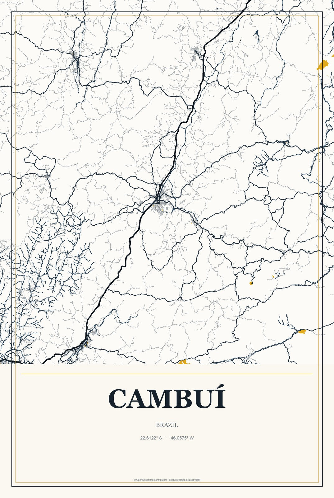 Cambuí, Brazil City Map Aluminum Sign in Citrine Modern style