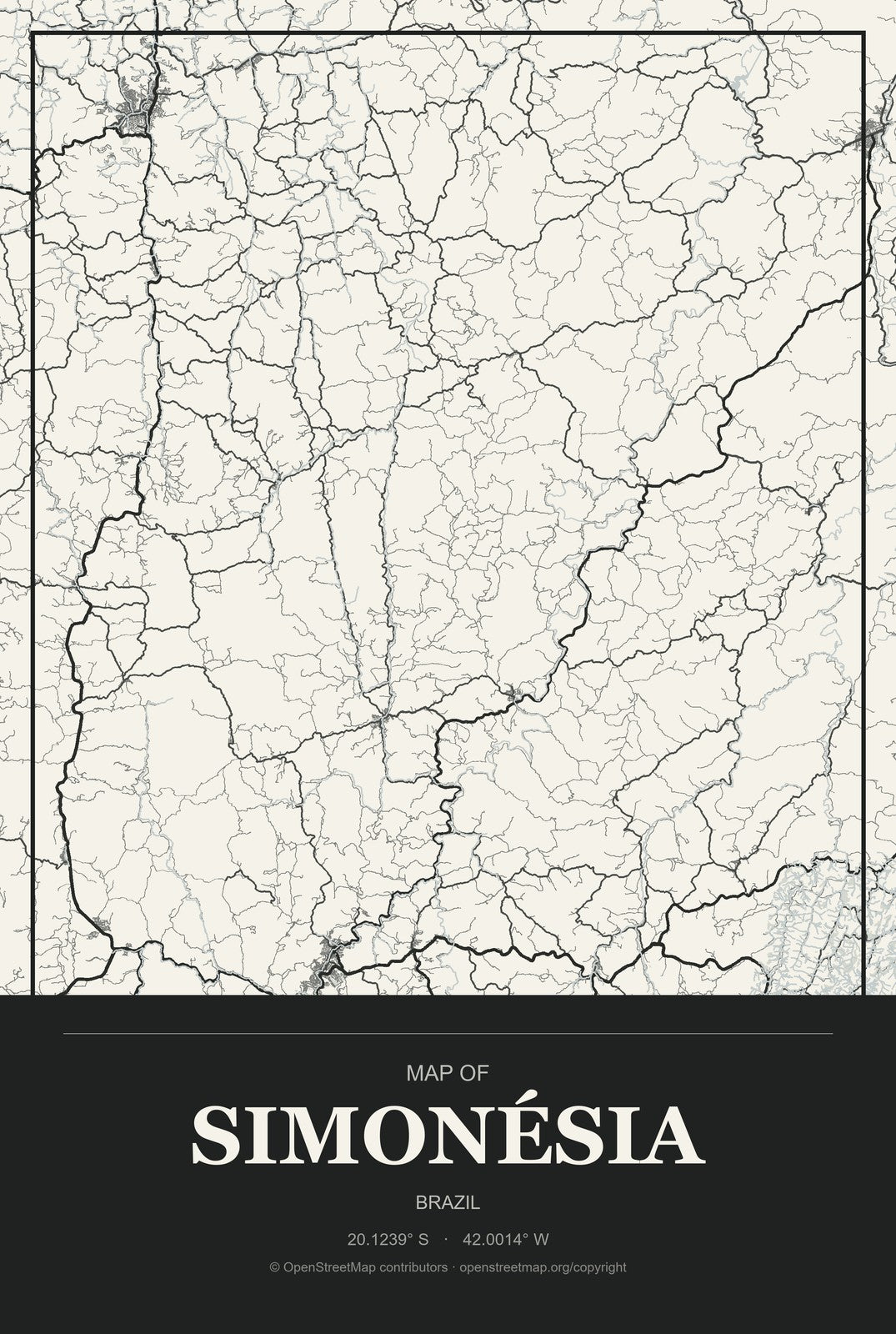 Simonésia, Brazil City Map Aluminum Sign in Museum Plaque style