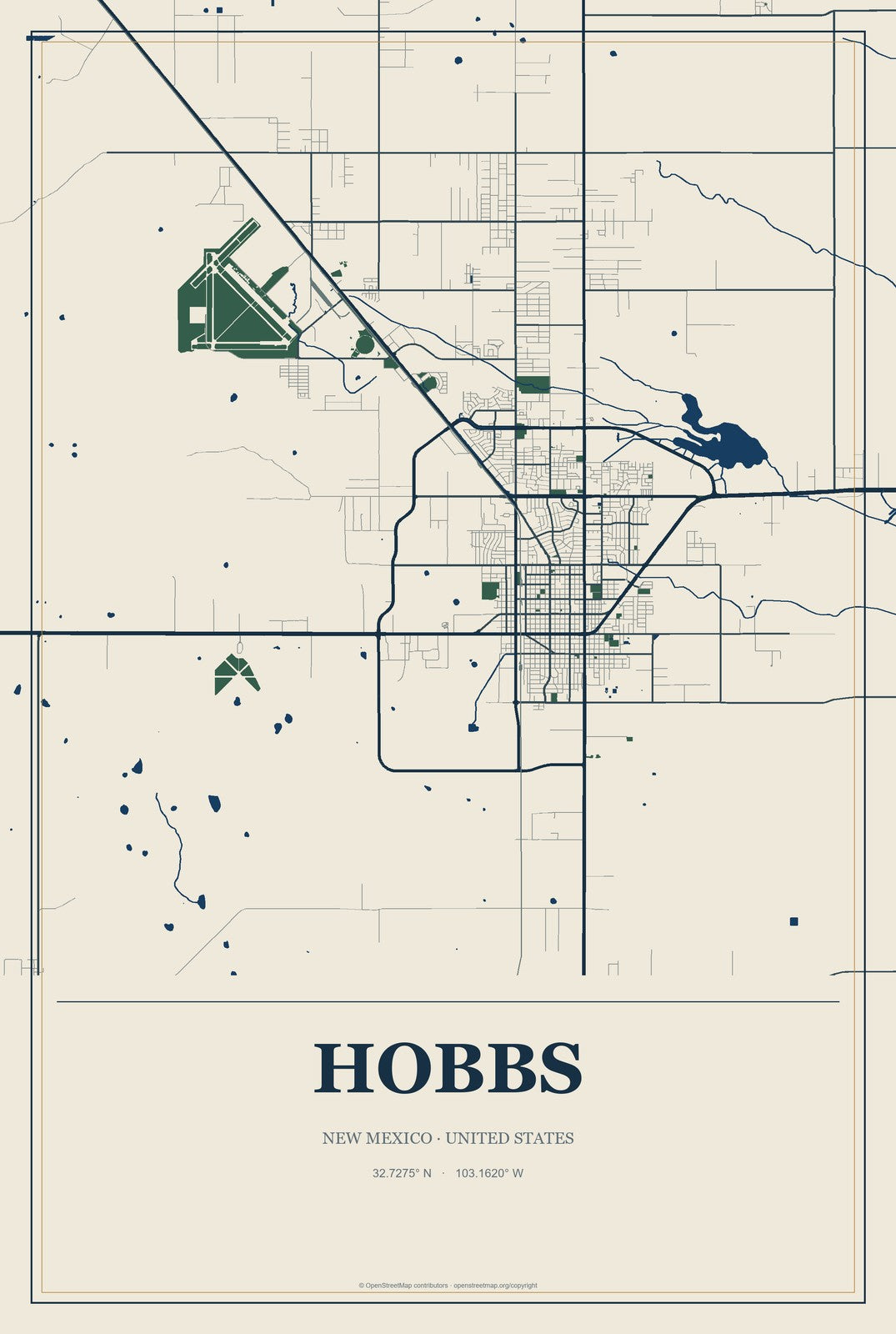 Hobbs, New Mexico City Map Aluminum Sign in Coastal Cutout style