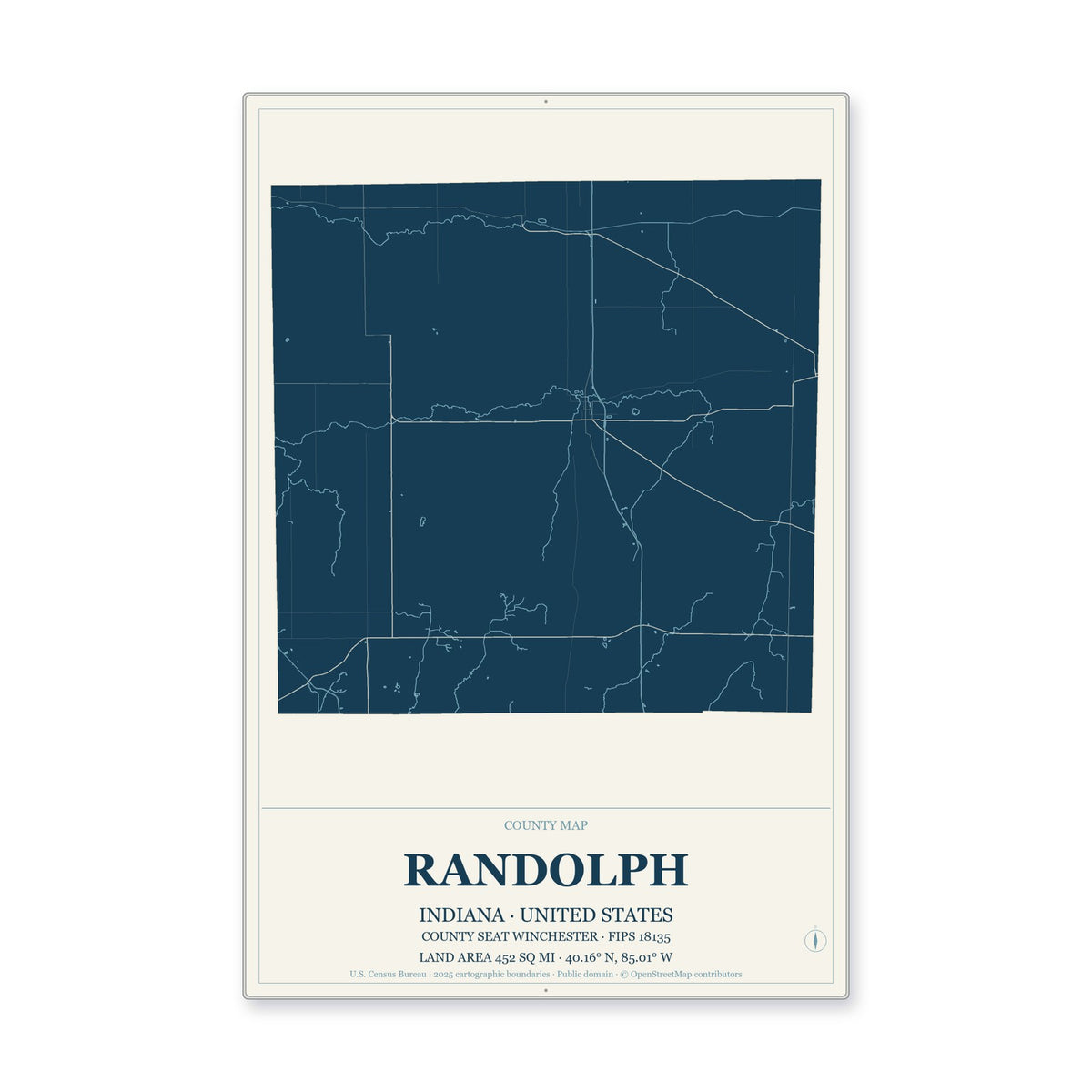 Randolph County, Indiana Map Aluminum Sign in Coastal Cutout style