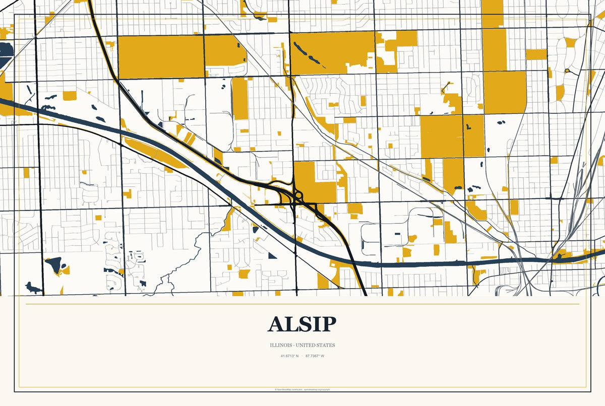 Alsip, Illinois City Map Aluminum Sign in Citrine Modern style