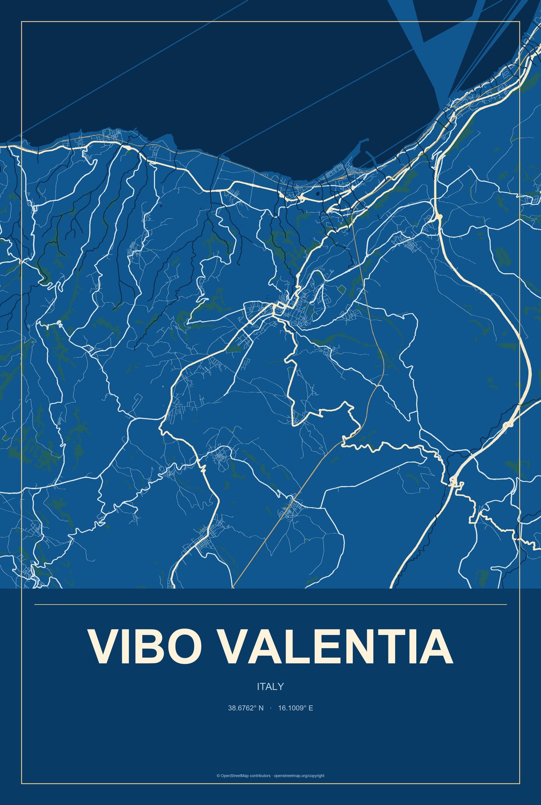 Vibo Valentia, Italy City Map Aluminum Sign in Harbor Cobalt style