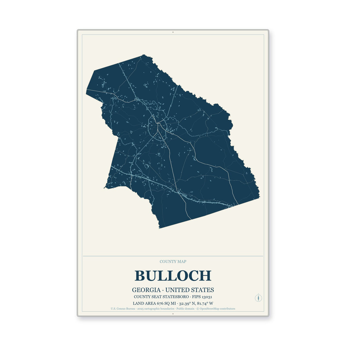 Bulloch County, Georgia Map Aluminum Sign in Coastal Cutout style