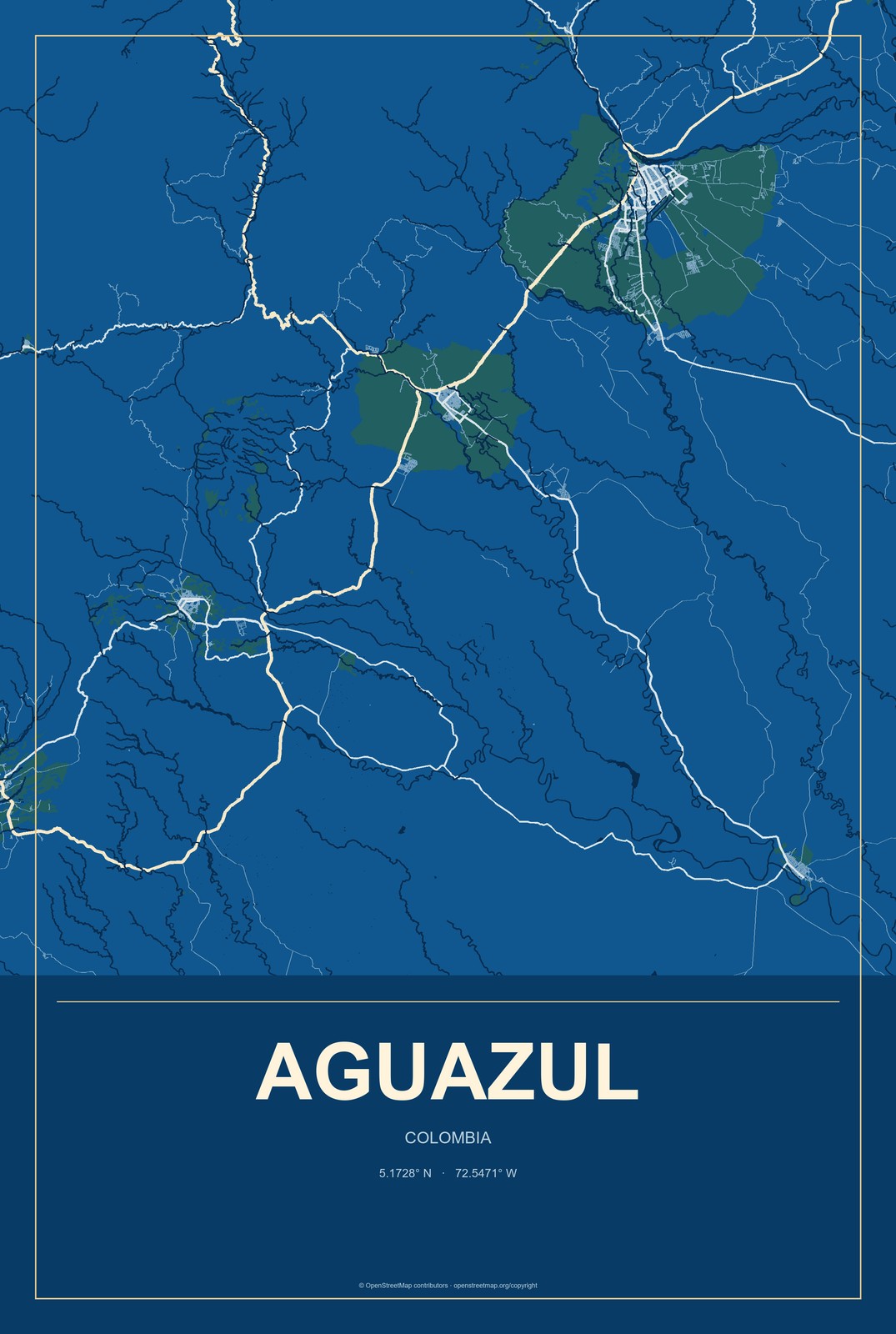 Aguazul, Colombia City Map Aluminum Sign in Harbor Cobalt style