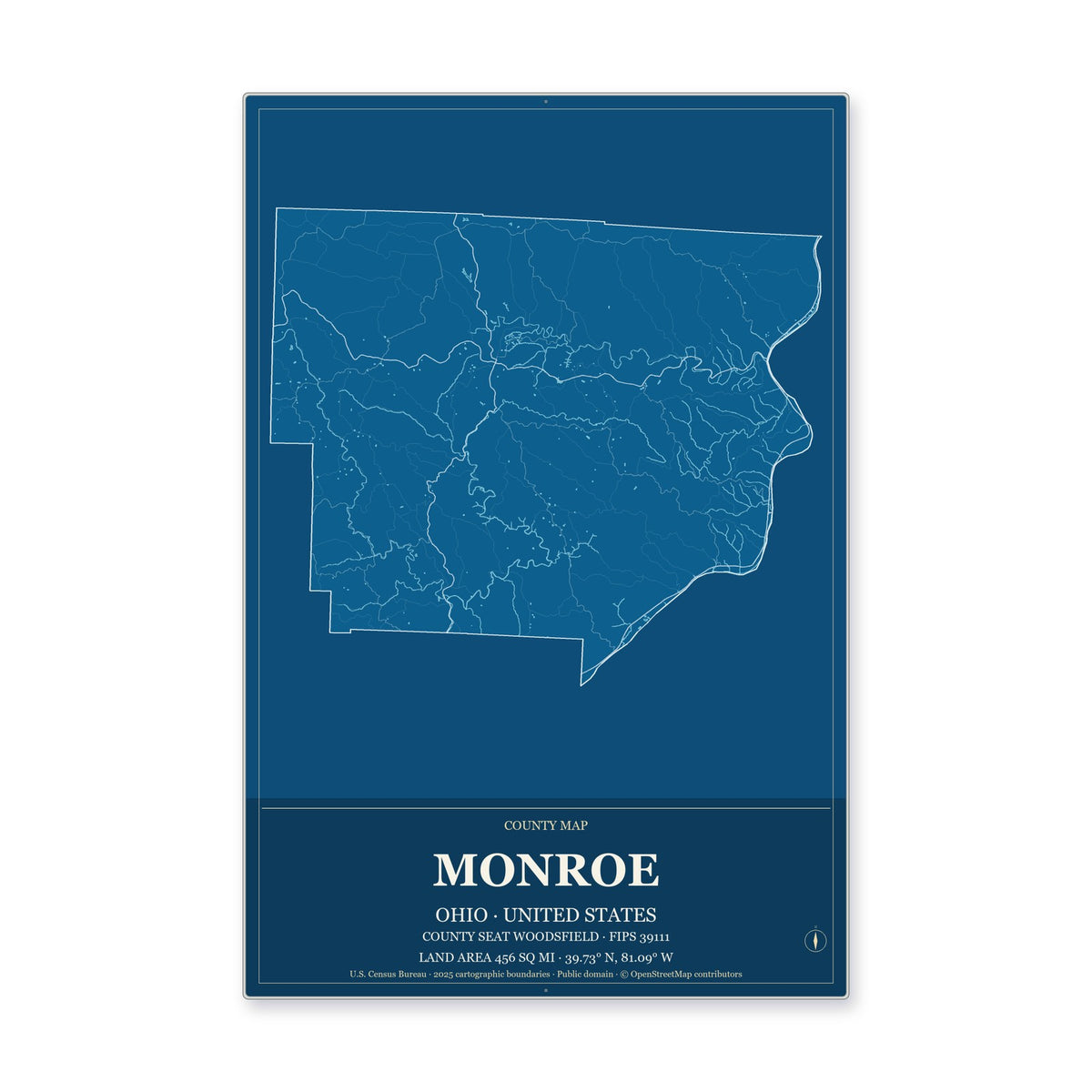 Monroe County, Ohio Map Aluminum Sign in Harbor Cobalt style