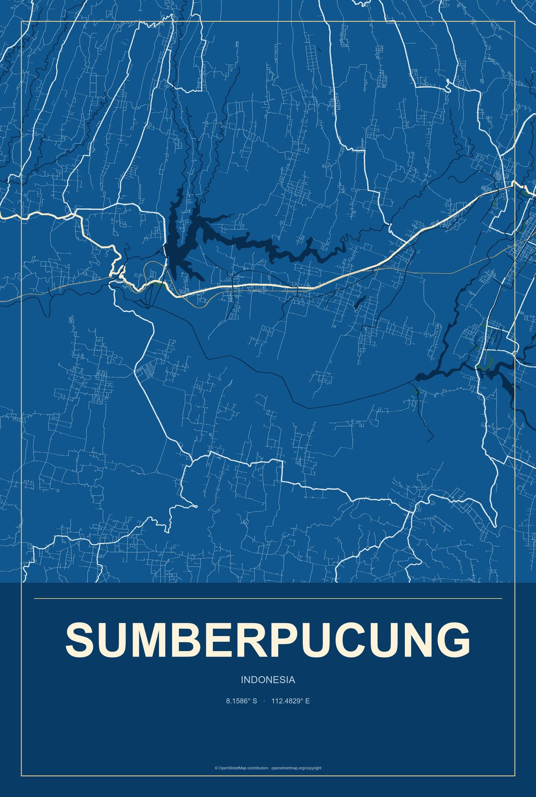 Sumberpucung, Indonesia City Map Aluminum Sign in Harbor Cobalt style