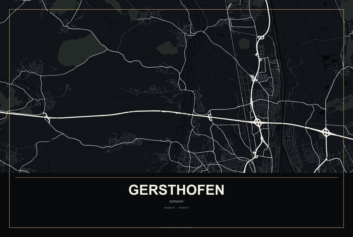 Gersthofen, Germany City Map Aluminum Sign in Metropolitan Noir style