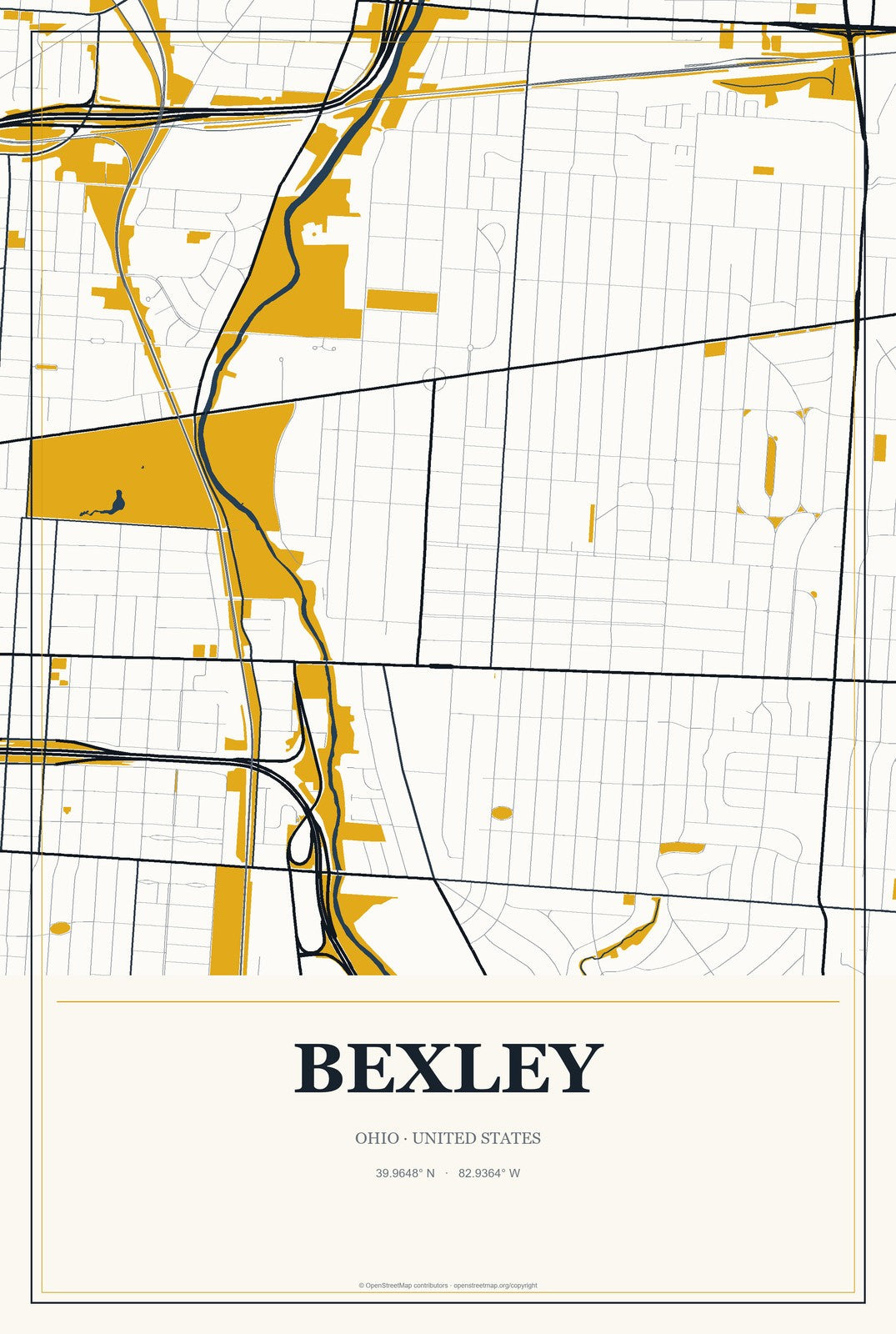 Bexley, Ohio City Map Aluminum Sign in Citrine Modern style