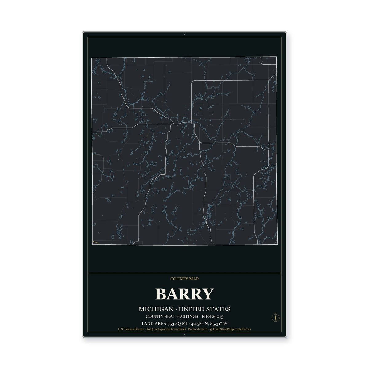 Barry County, Michigan Map Aluminum Sign in Metropolitan Noir style