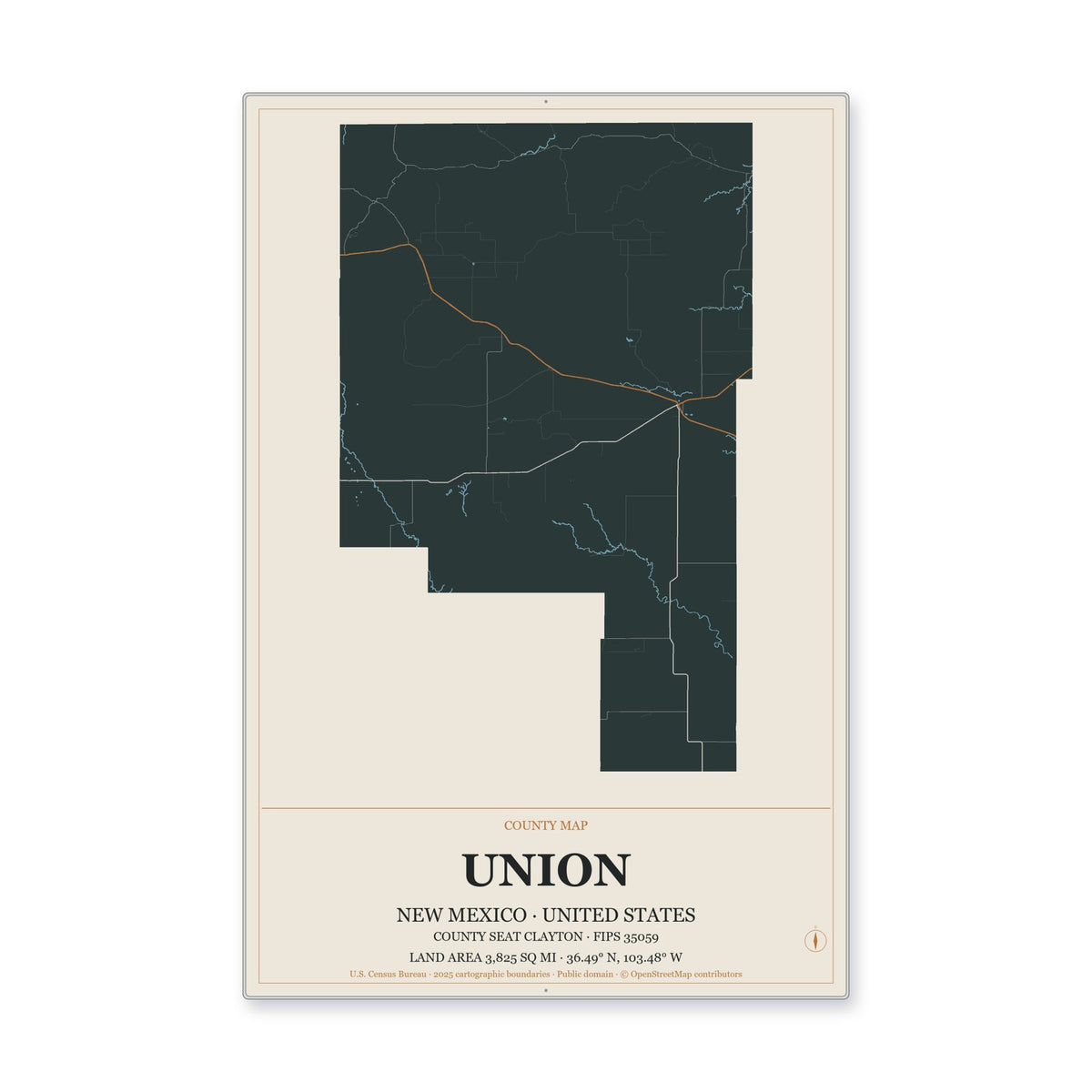 Union County, New Mexico Map Aluminum Sign in Headline Atlas style