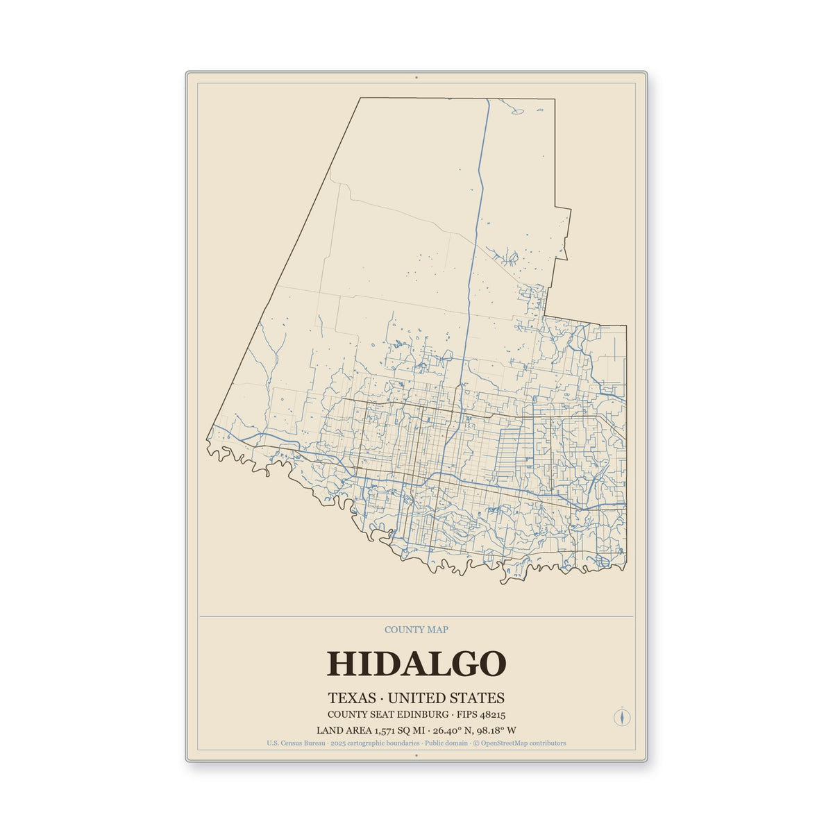 Hidalgo County, Texas Map Aluminum Sign in Heritage Nautical style