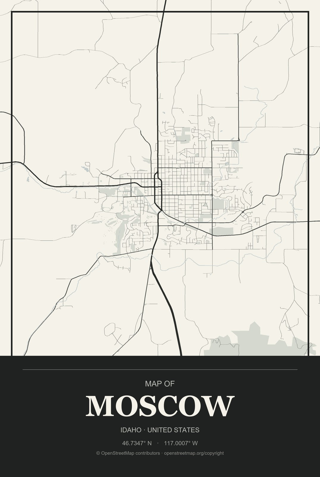 Moscow, Idaho City Map Aluminum Sign in Museum Plaque style
