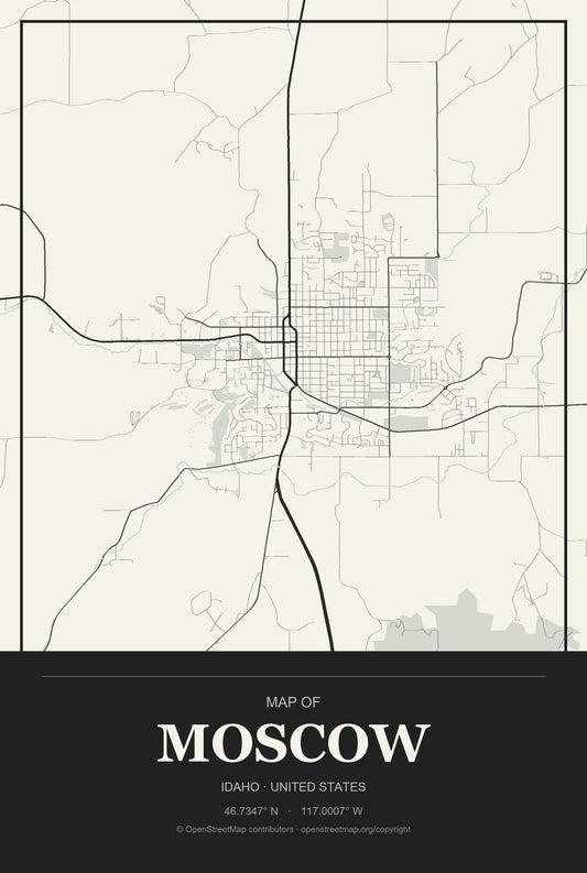 Moscow, Idaho City Map Aluminum Sign in Museum Plaque style