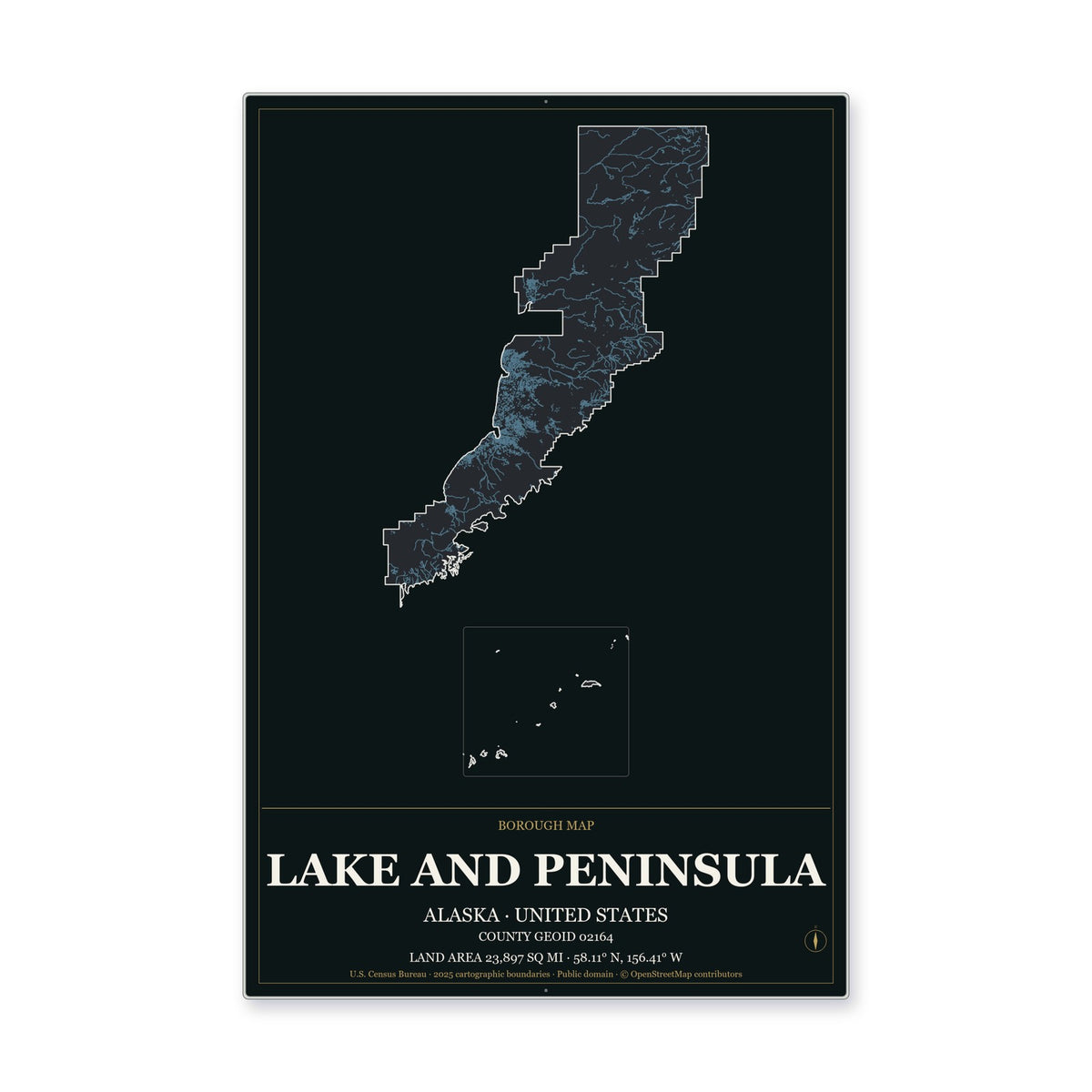 Lake and Peninsula Borough, Alaska Map Aluminum Sign in Metropolitan Noir style