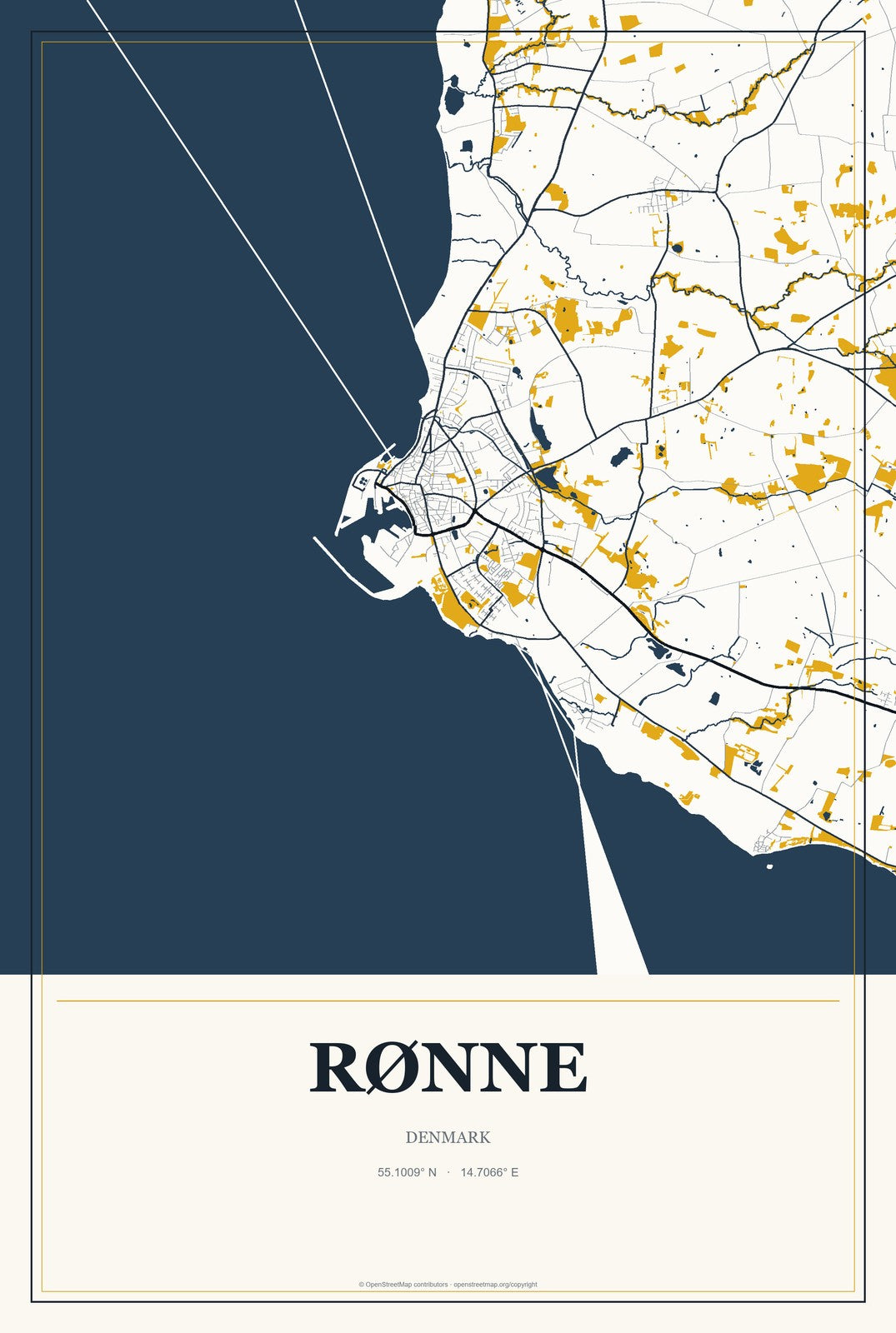 Rønne, Denmark City Map Aluminum Sign in Citrine Modern style