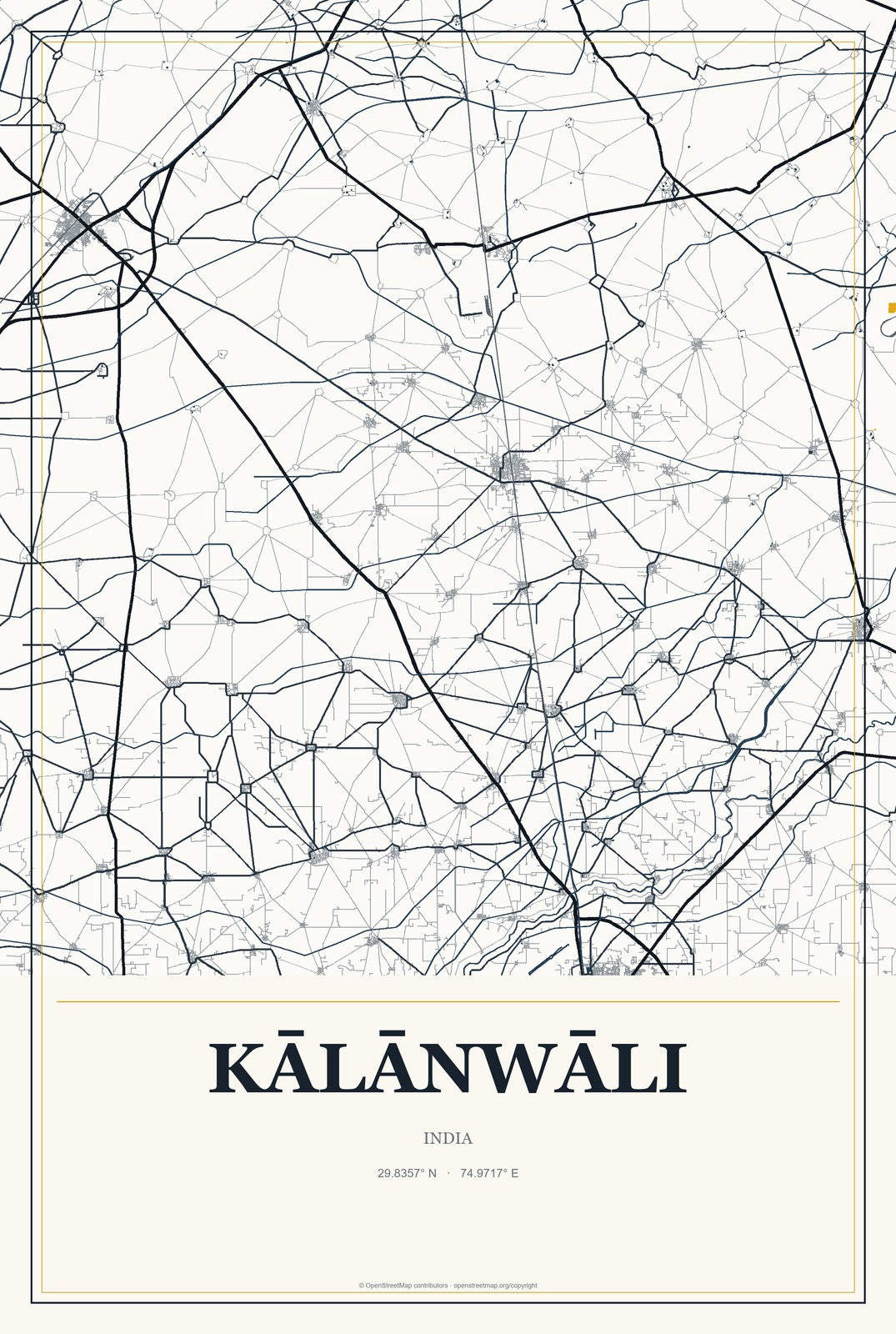 Kālānwāli, India City Map Aluminum Sign in Citrine Modern style