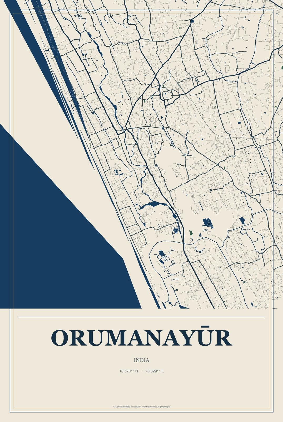 Orumanayūr, India City Map Aluminum Sign in Coastal Cutout style