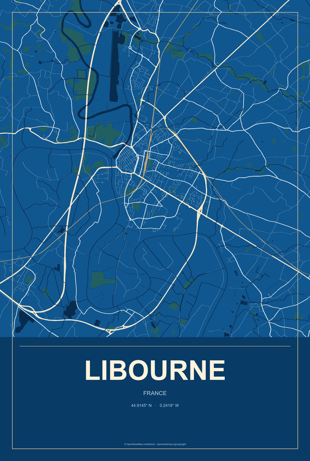 Libourne, France City Map Aluminum Sign in Harbor Cobalt style
