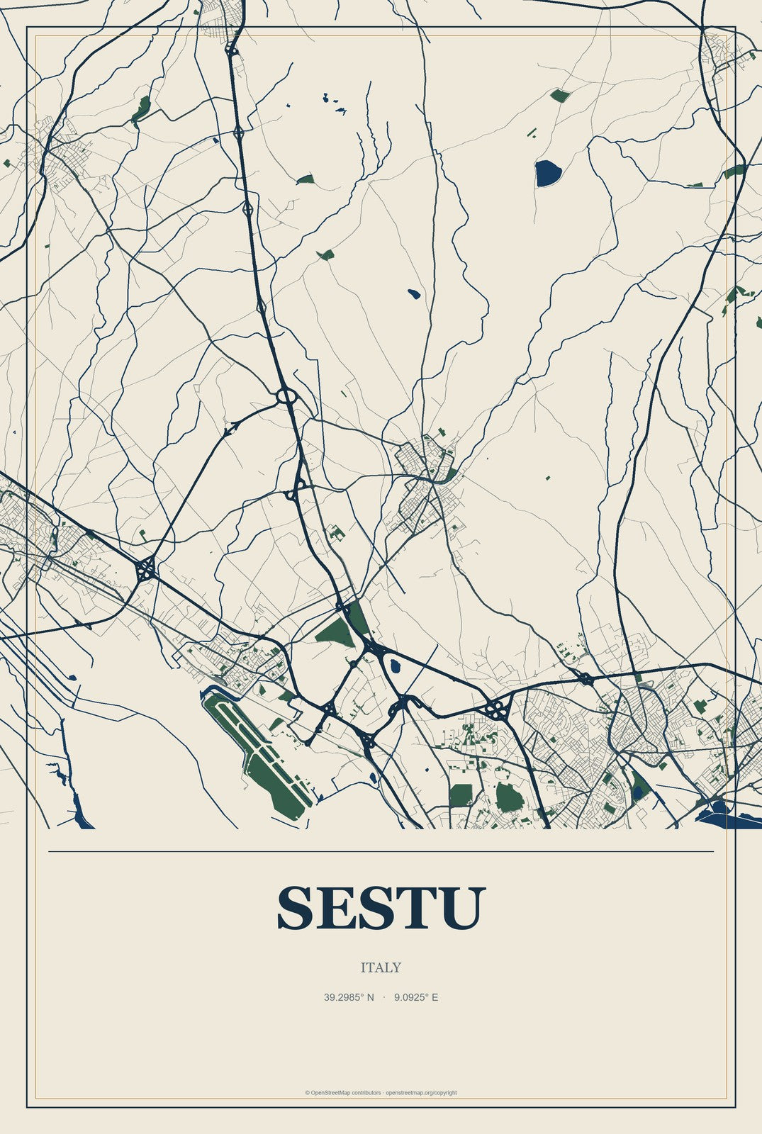 Sestu, Italy City Map Aluminum Sign in Coastal Cutout style