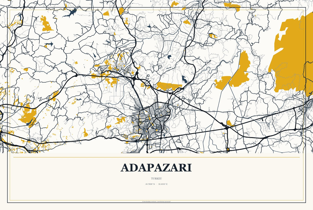 Adapazarı, Turkey City Map Aluminum Sign in Citrine Modern style