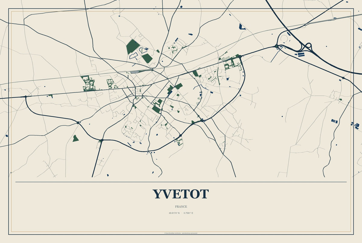 Yvetot, France City Map Aluminum Sign in Coastal Cutout style