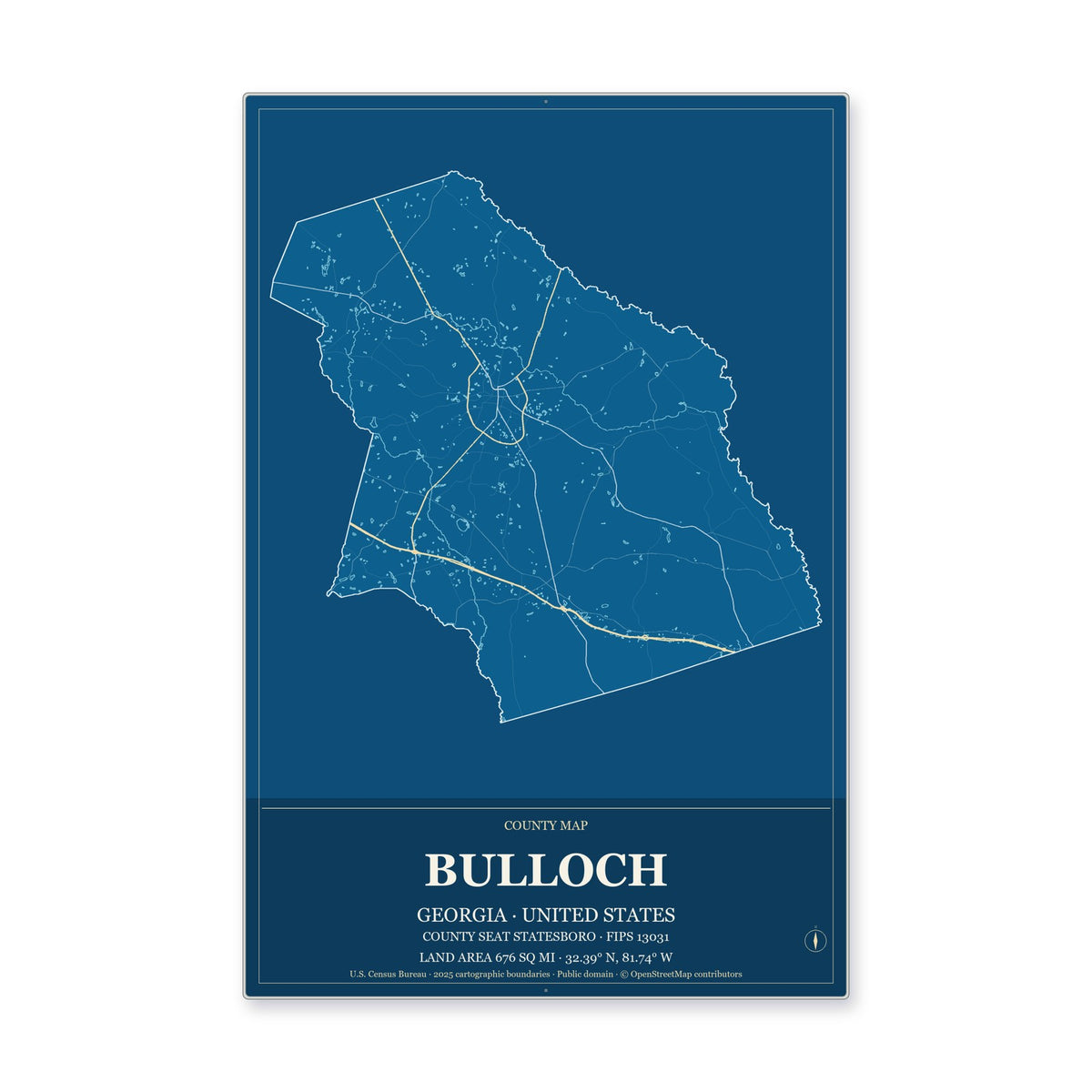 Bulloch County, Georgia Map Aluminum Sign in Harbor Cobalt style