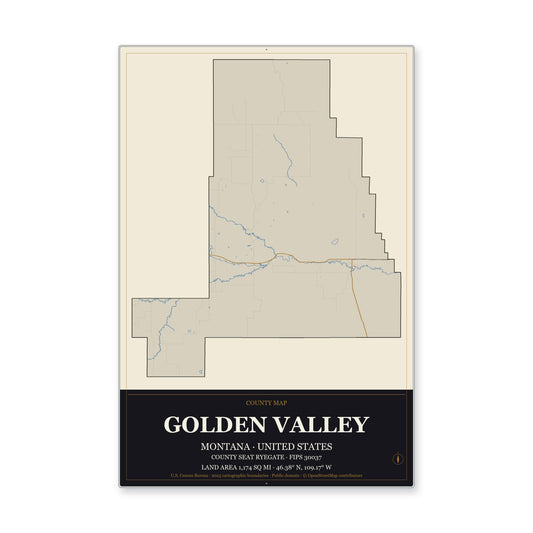 Golden Valley County, Montana Map Aluminum Sign in Museum Plaque style