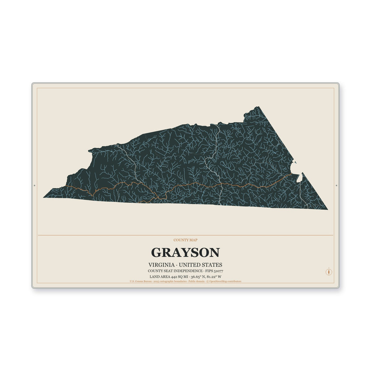 Grayson County, Virginia Map Aluminum Sign in Headline Atlas style