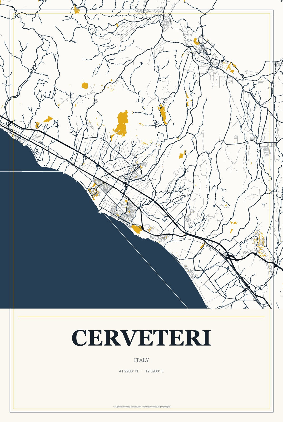 Cerveteri, Italy City Map Aluminum Sign in Citrine Modern style