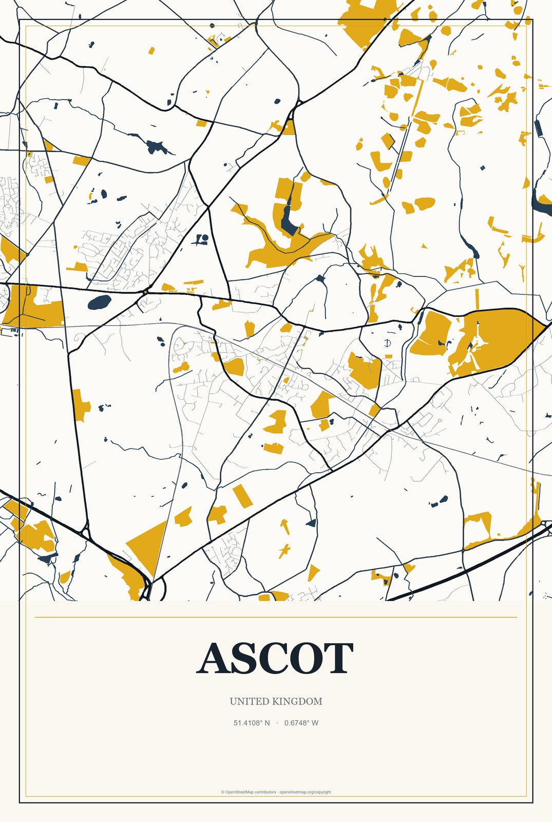 Ascot, United Kingdom City Map Aluminum Sign in Citrine Modern style