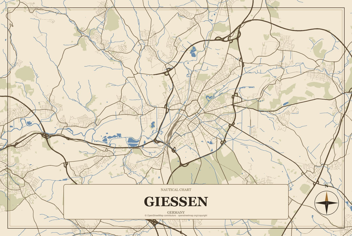 Gießen, Germany City Map Aluminum Sign in Heritage Nautical style
