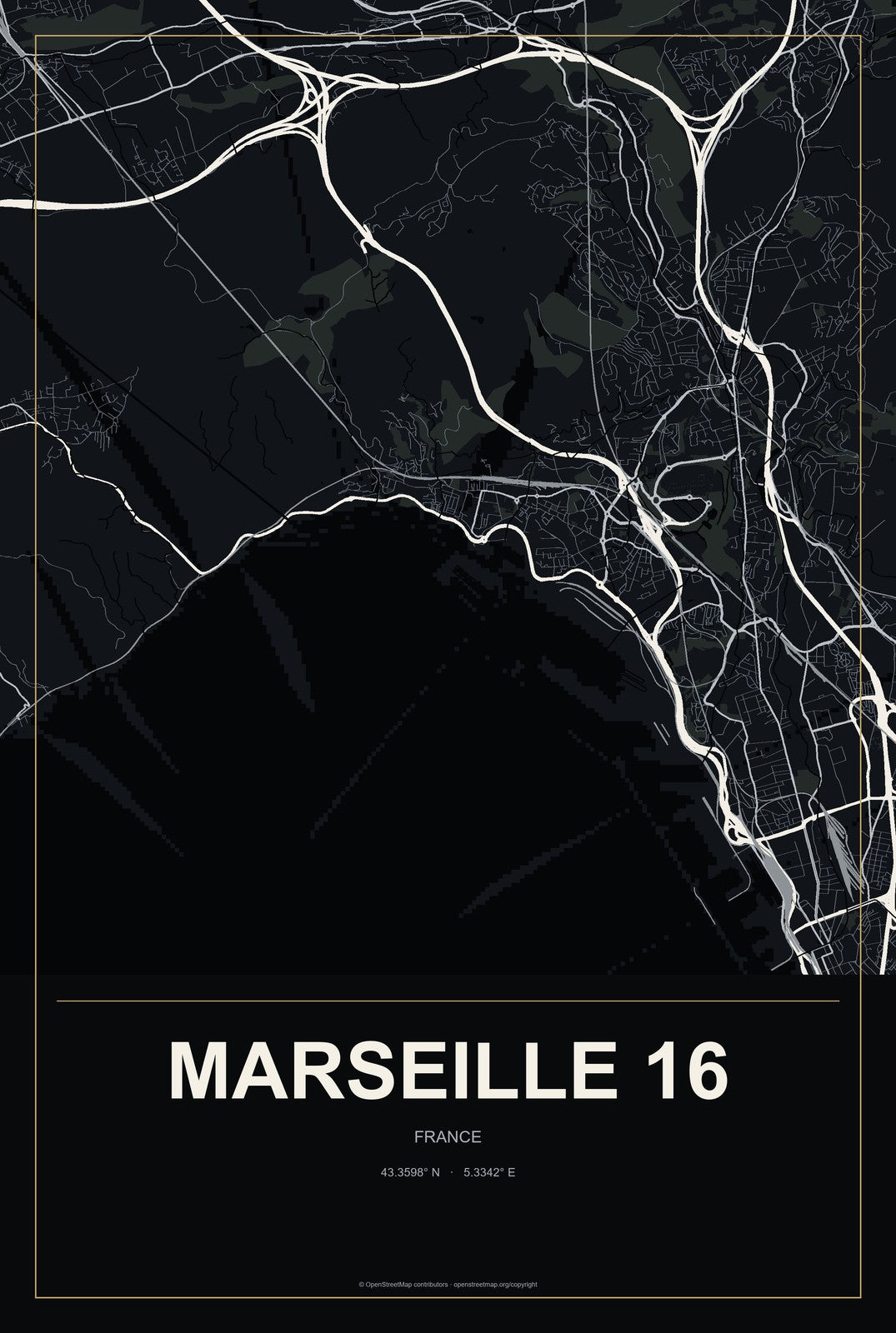 Marseille 16, France City Map Aluminum Sign in Metropolitan Noir style