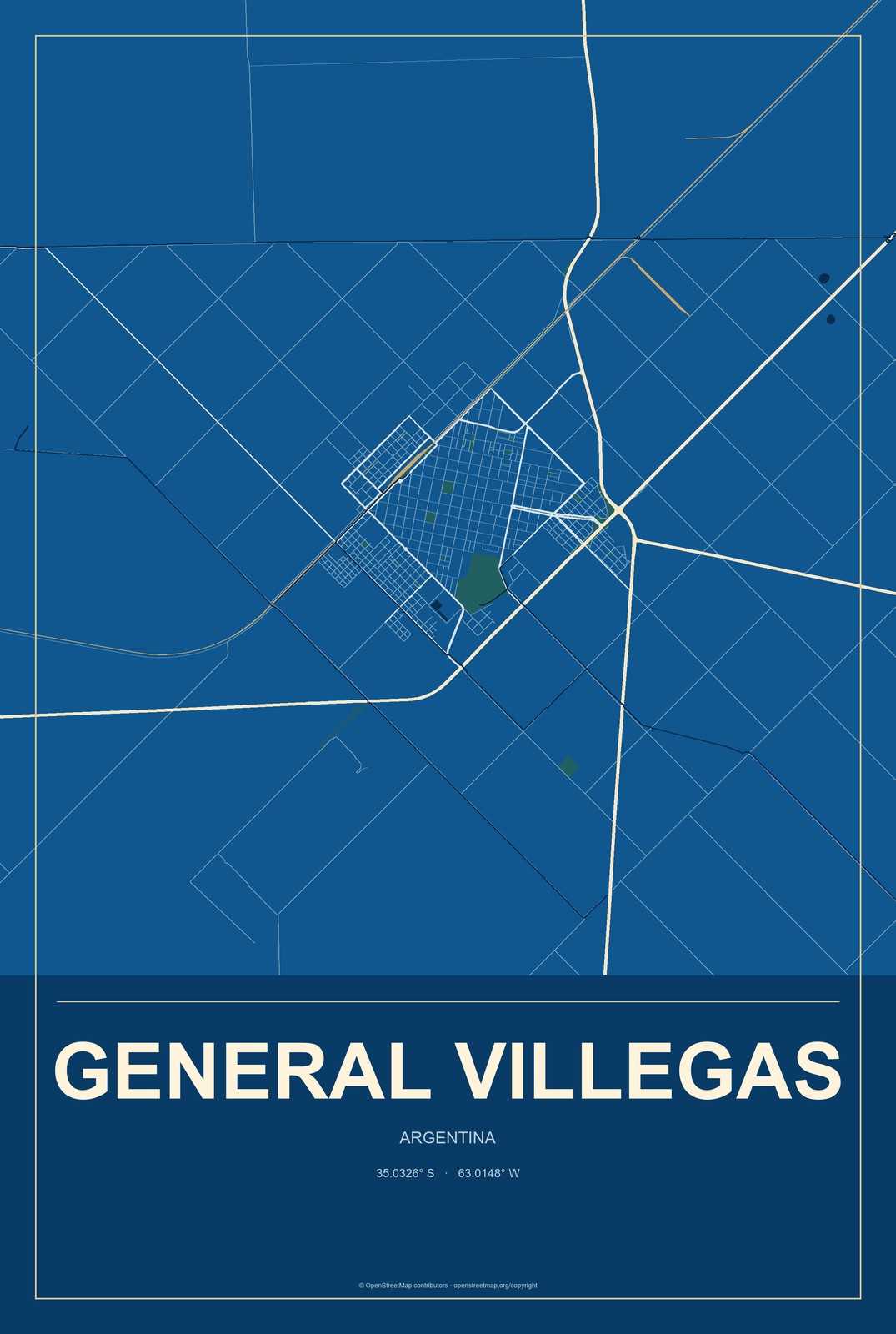 General Villegas, Argentina City Map Aluminum Sign in Harbor Cobalt style