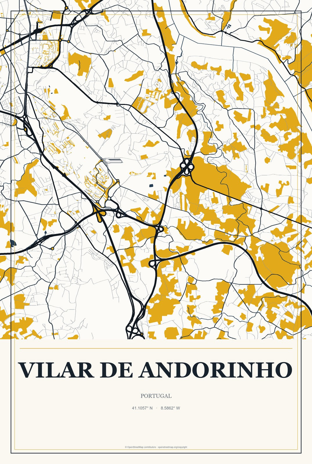Vilar de Andorinho, Portugal City Map Aluminum Sign in Citrine Modern style