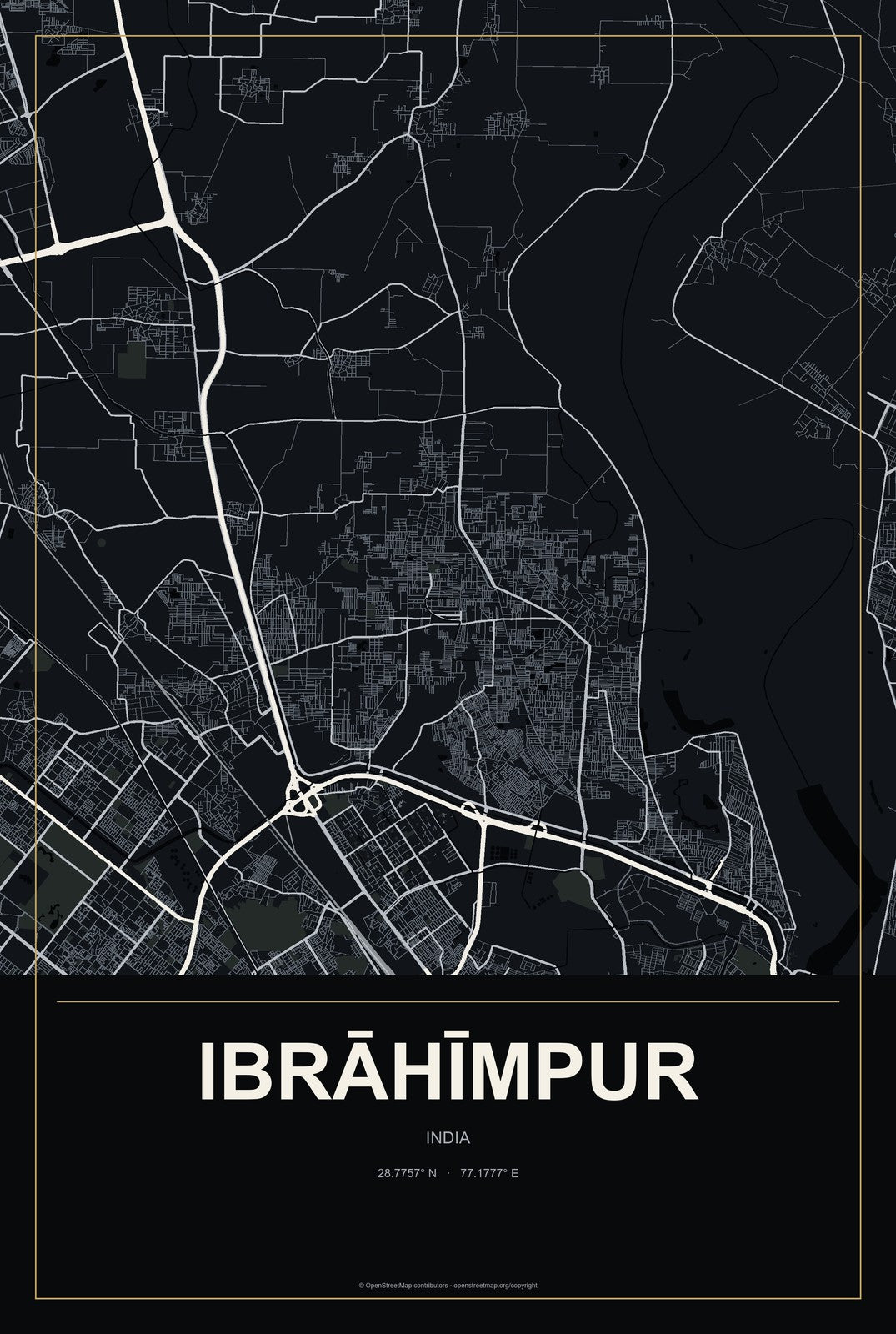 Ibrāhīmpur, India City Map Aluminum Sign in Metropolitan Noir style