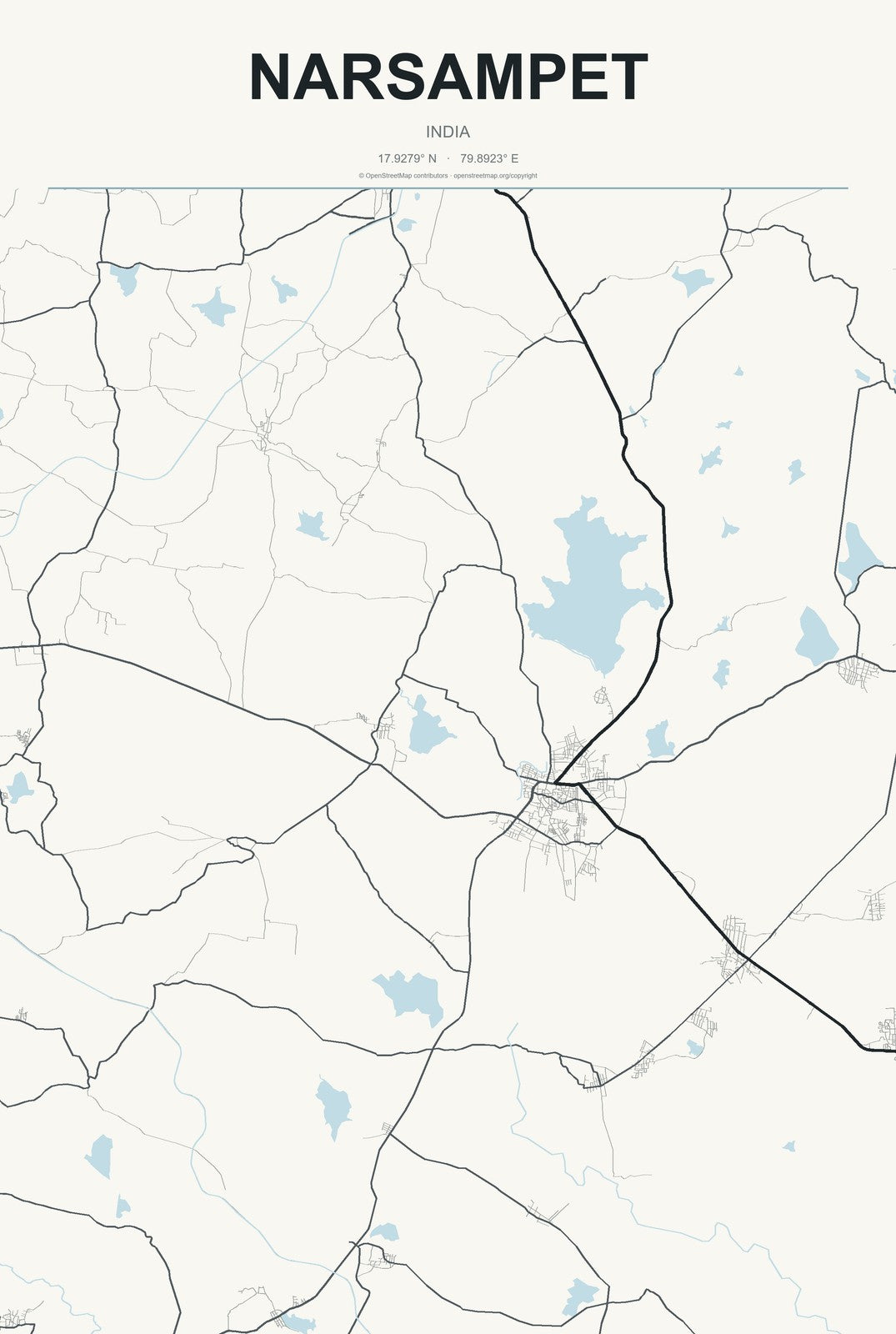 Narsampet, India City Map Aluminum Sign in Headline Atlas style