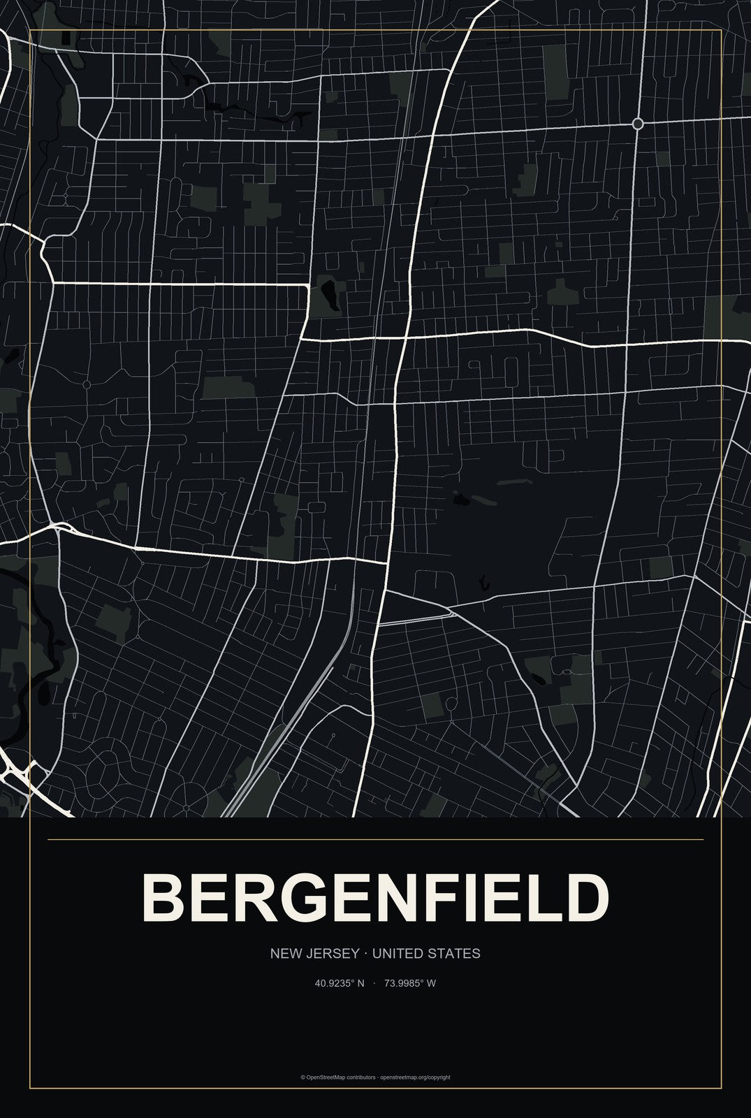 Bergenfield, New Jersey City Map Aluminum Sign in Metropolitan Noir style
