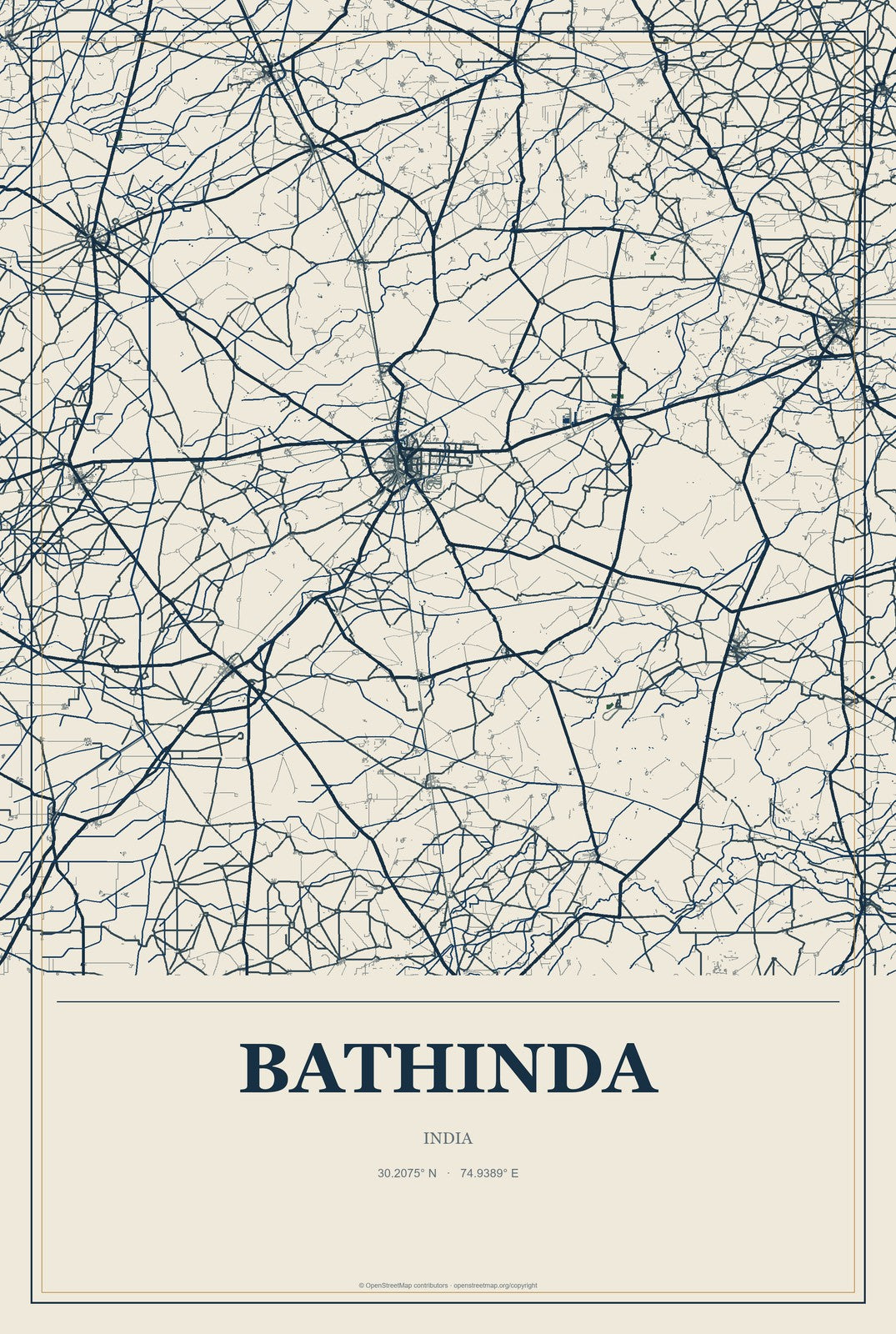 Bathinda, India City Map Aluminum Sign in Coastal Cutout style