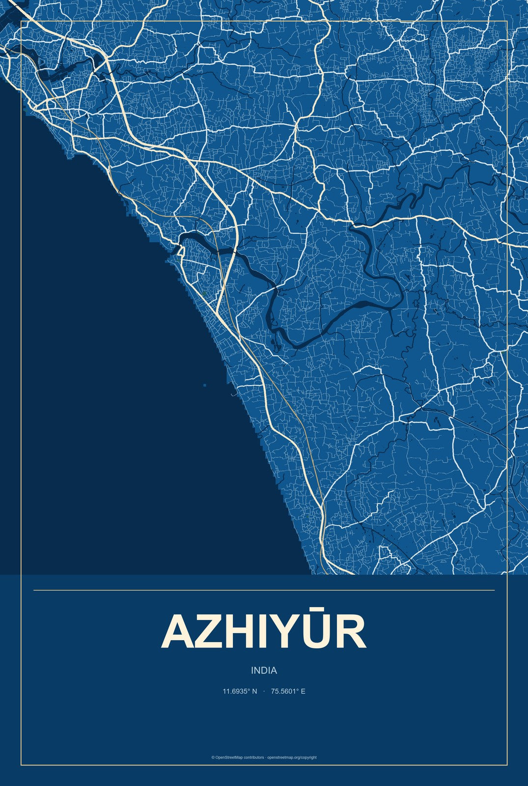 Azhiyūr, India City Map Aluminum Sign in Harbor Cobalt style
