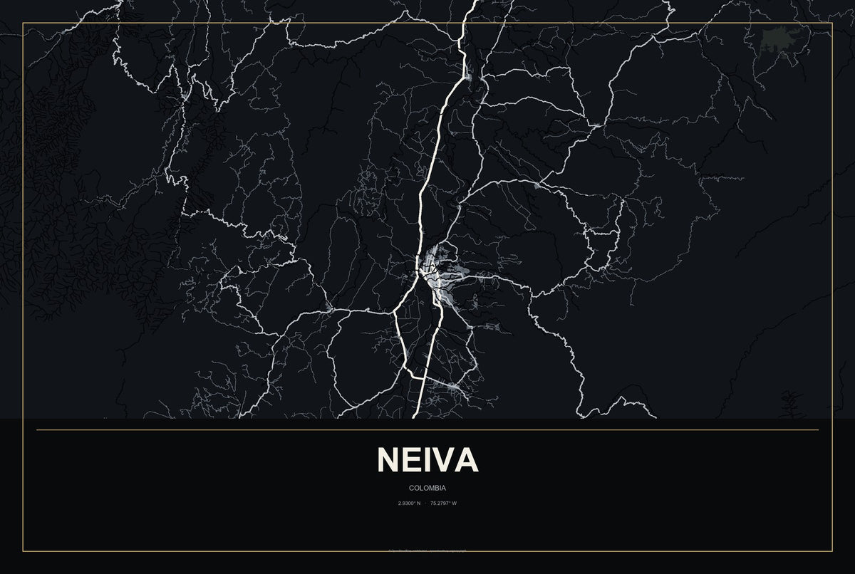 Neiva, Colombia City Map Aluminum Sign in Metropolitan Noir style