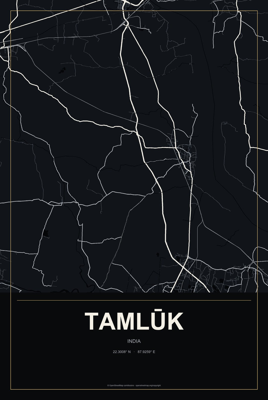 Tamlūk, India City Map Aluminum Sign in Metropolitan Noir style