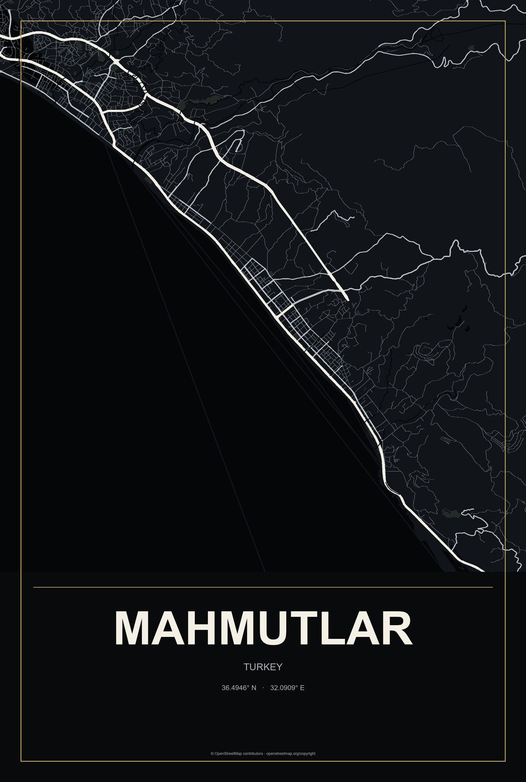 Mahmutlar, Turkey City Map Aluminum Sign in Metropolitan Noir style