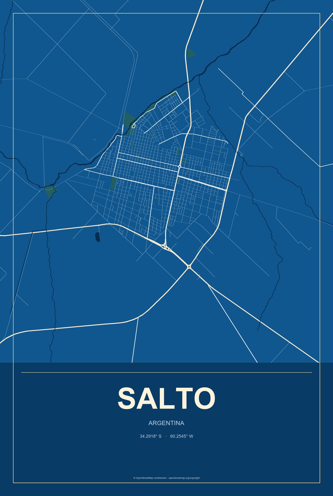 Salto, Argentina City Map Aluminum Sign in Harbor Cobalt style