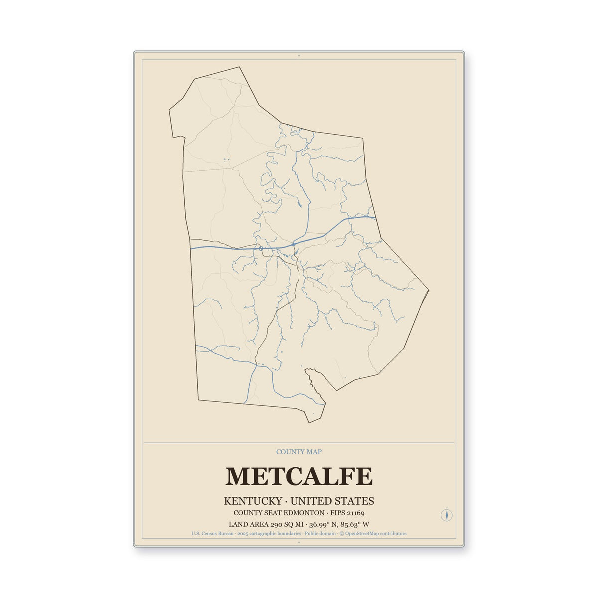 Metcalfe County, Kentucky Map Aluminum Sign in Heritage Nautical style