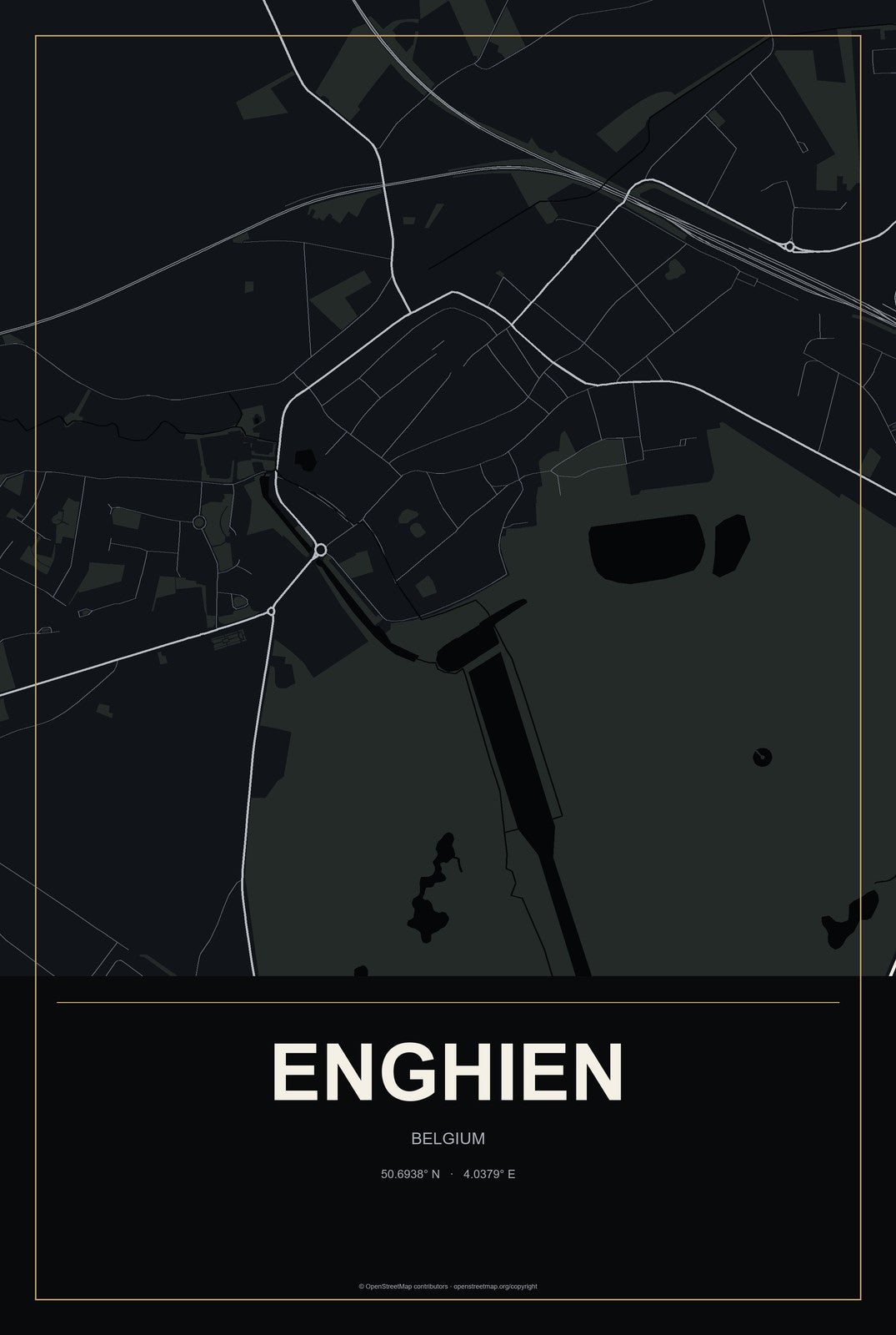 Enghien, Belgium City Map Aluminum Sign in Metropolitan Noir style