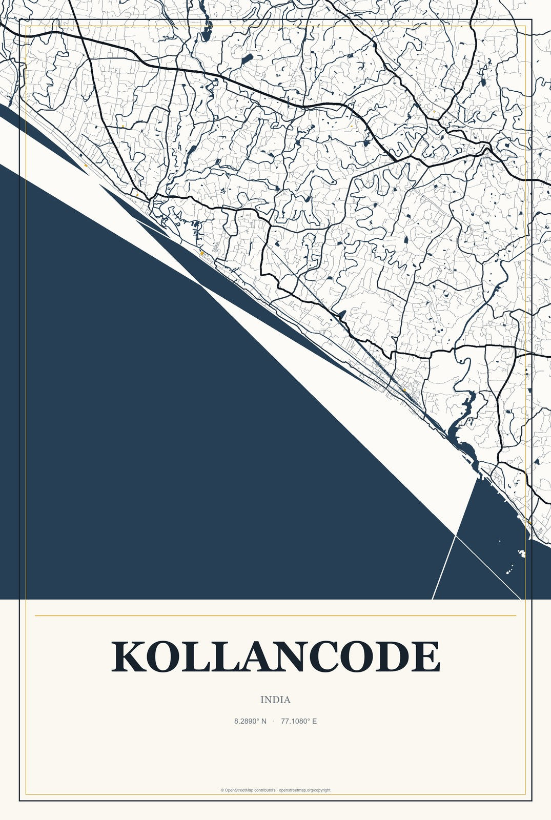 Kollancode, India City Map Aluminum Sign in Citrine Modern style