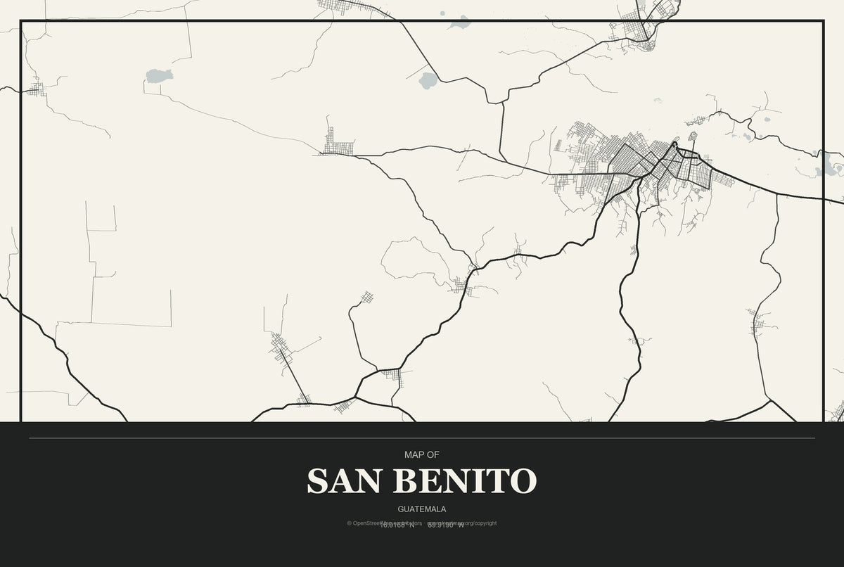San Benito, Guatemala City Map Aluminum Sign in Museum Plaque style