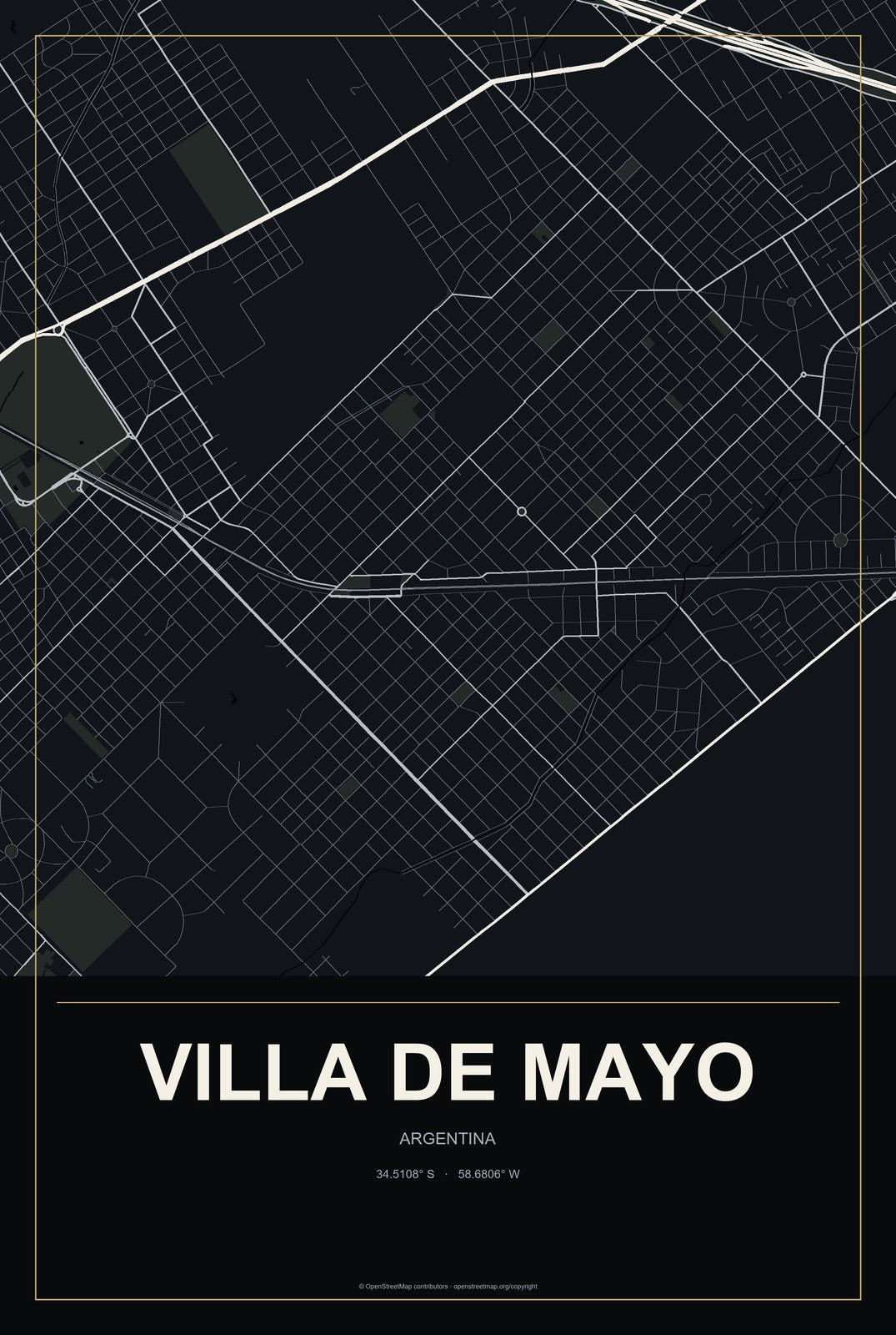Villa de Mayo, Argentina City Map Aluminum Sign in Metropolitan Noir style